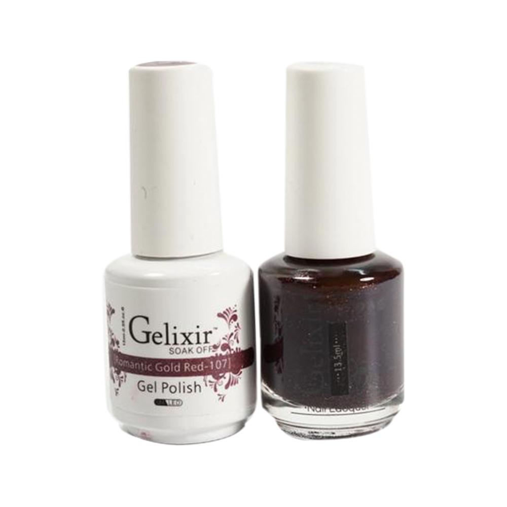 Gelixir Gel Nail Polish Duo - 107 Glitter, Red Colors - Romantic Gold Red