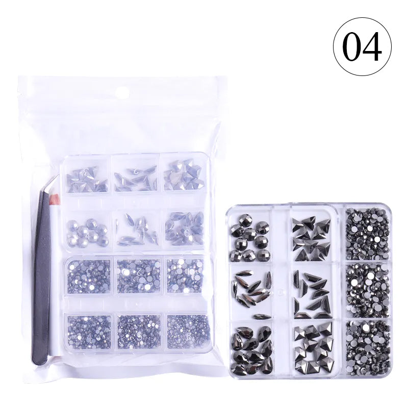 Crystal Rhinestones Gems for Nails Design Mix 6 Shapes Crystal Diamonds Stone Bling with Tweezers for Nail Art DIY Craft 04 - Jet Hematite