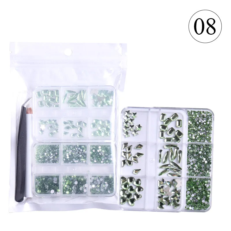 Crystal Rhinestones Gems for Nails Design Mix 6 Shapes Crystal Diamonds Stone Bling with Tweezers for Nail Art DIY Craft 08 - Peridot