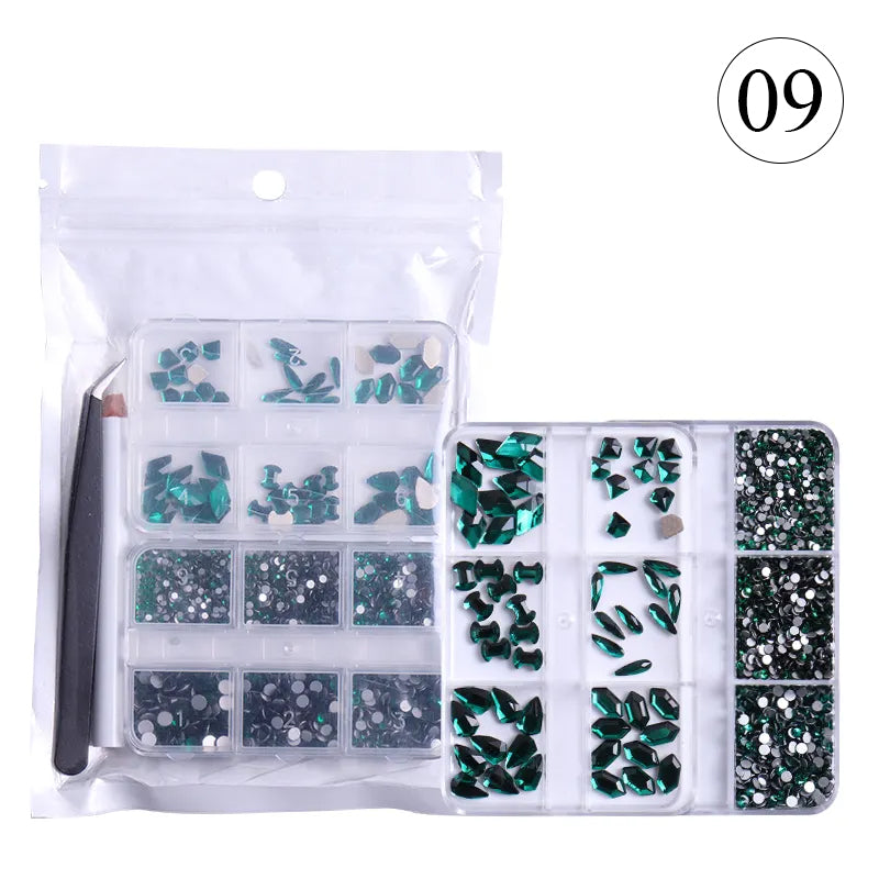 Crystal Rhinestones Gems for Nails Design Mix 6 Shapes Crystal Diamonds Stone Bling with Tweezers for Nail Art DIY Craft 09 - Emerald