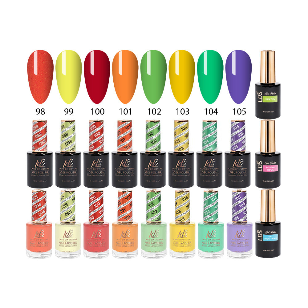 LDS Healthy Gel & Matching Lacquer Starter Kit: 098, 099, 100, 101, 102, 103, 104, 105, Base,Top & Strengthener