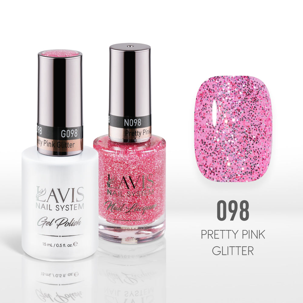 Lavis Gel Nail Polish Duo - 098 Pink, Glitter Colors - Pretty Pink Glitter