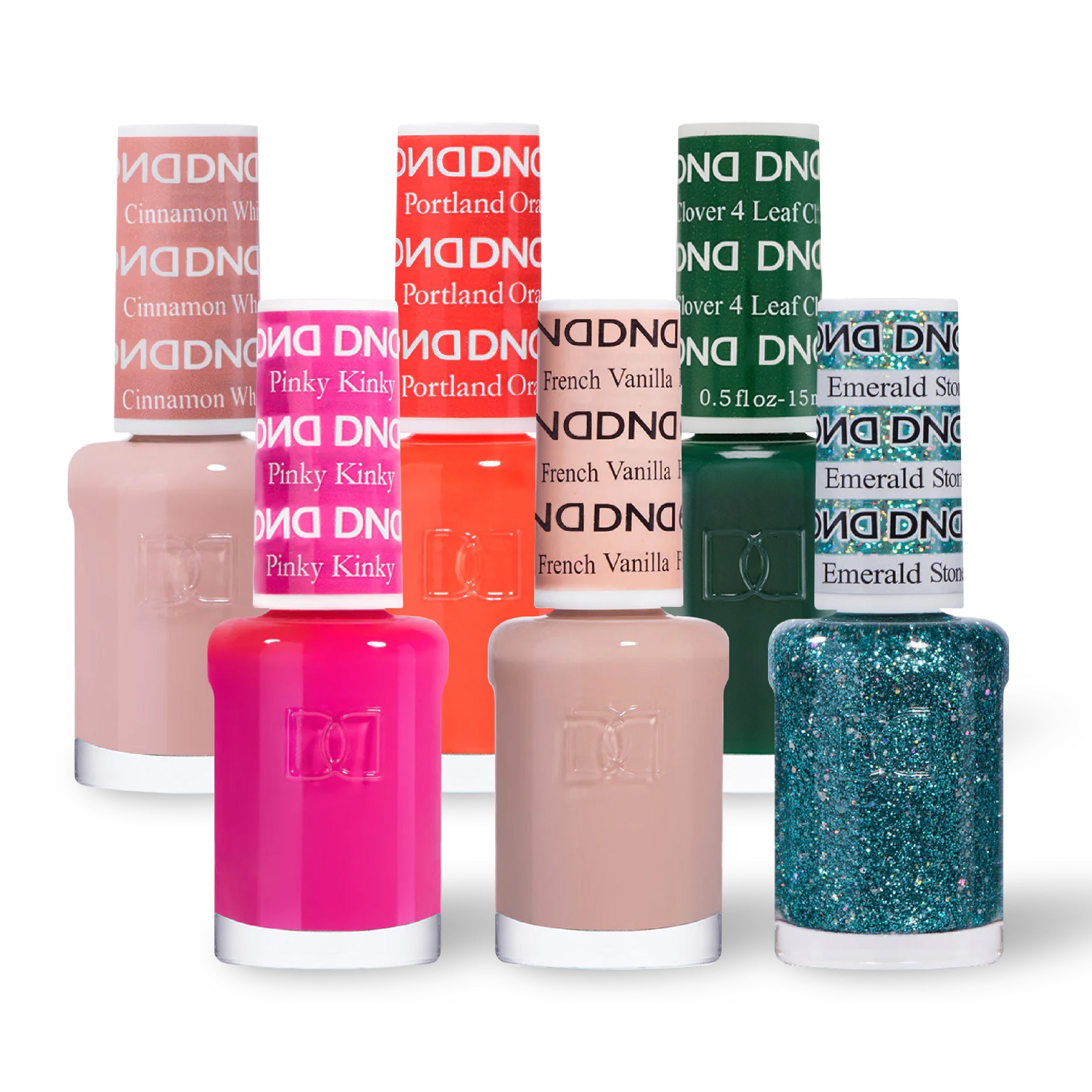 DND 6 Nail Lacquer - Set 3 BEIGE, ORANGE, GREEN, PINK, NUDE & GLITTER