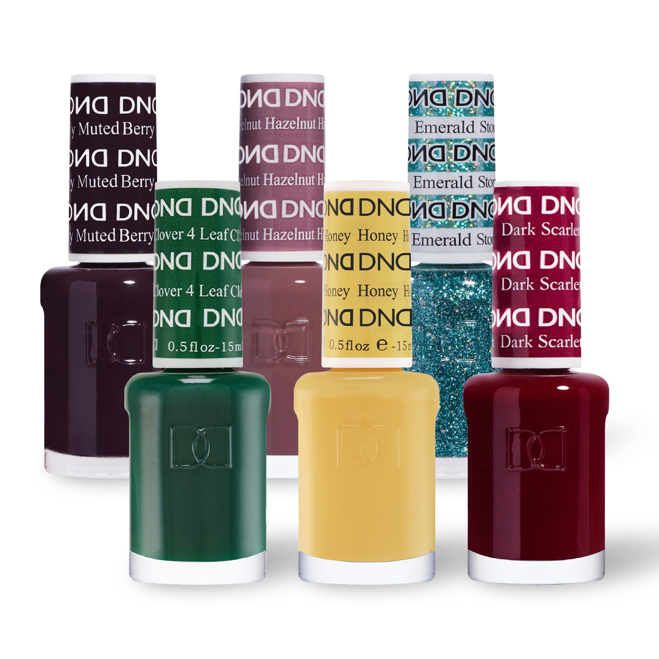 DND 6 Nail Lacquer - Set 4 PURPLE, BROWN, GLITTER, GREEN, YELLOW & RED