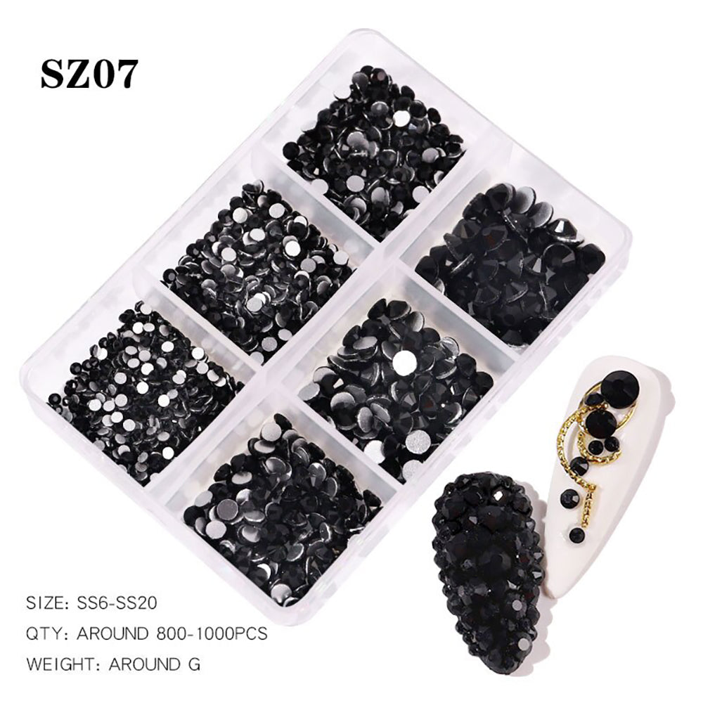 Mixed Size Flatback Diamond Black Glass Rhinestones SZ07
